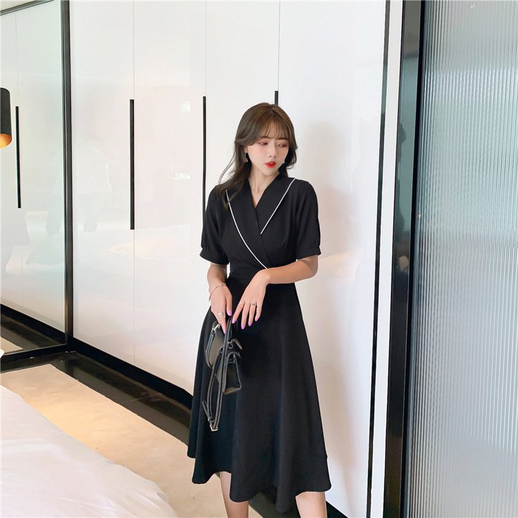 黒ワンピース 大人上品 パイピング半袖ワンピース 春夏 黒 レディース