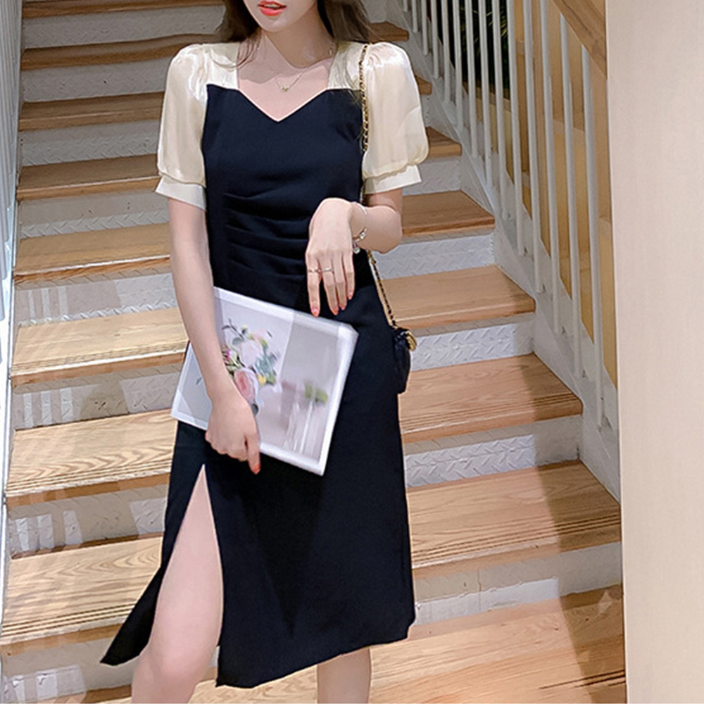 袖切り替え黒ワンピース スリット入り上品ドッキングワンピ