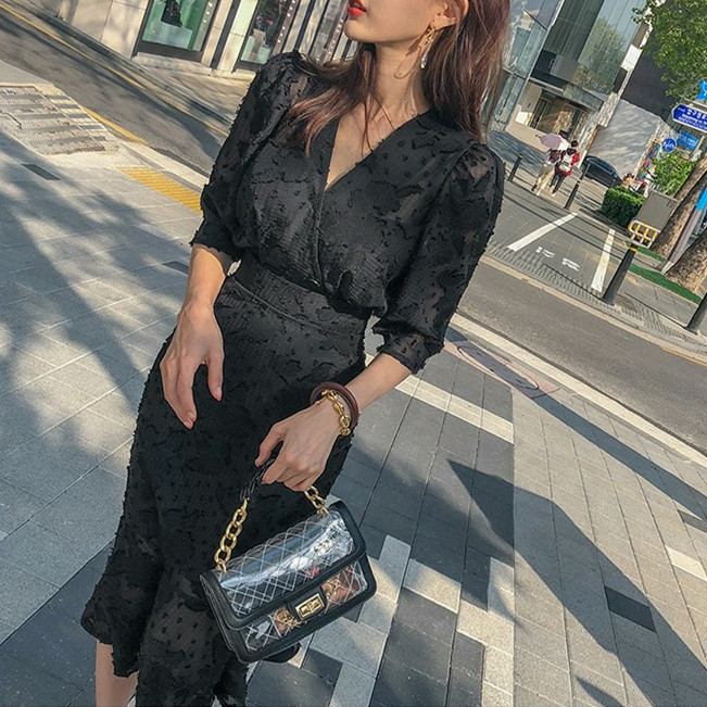 黒ワンピース 花柄レース ロングワンピース Vネック フィッシュテール 黒