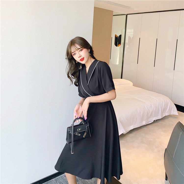 黒ワンピース 大人上品 パイピング半袖ワンピース 春夏 黒 レディース