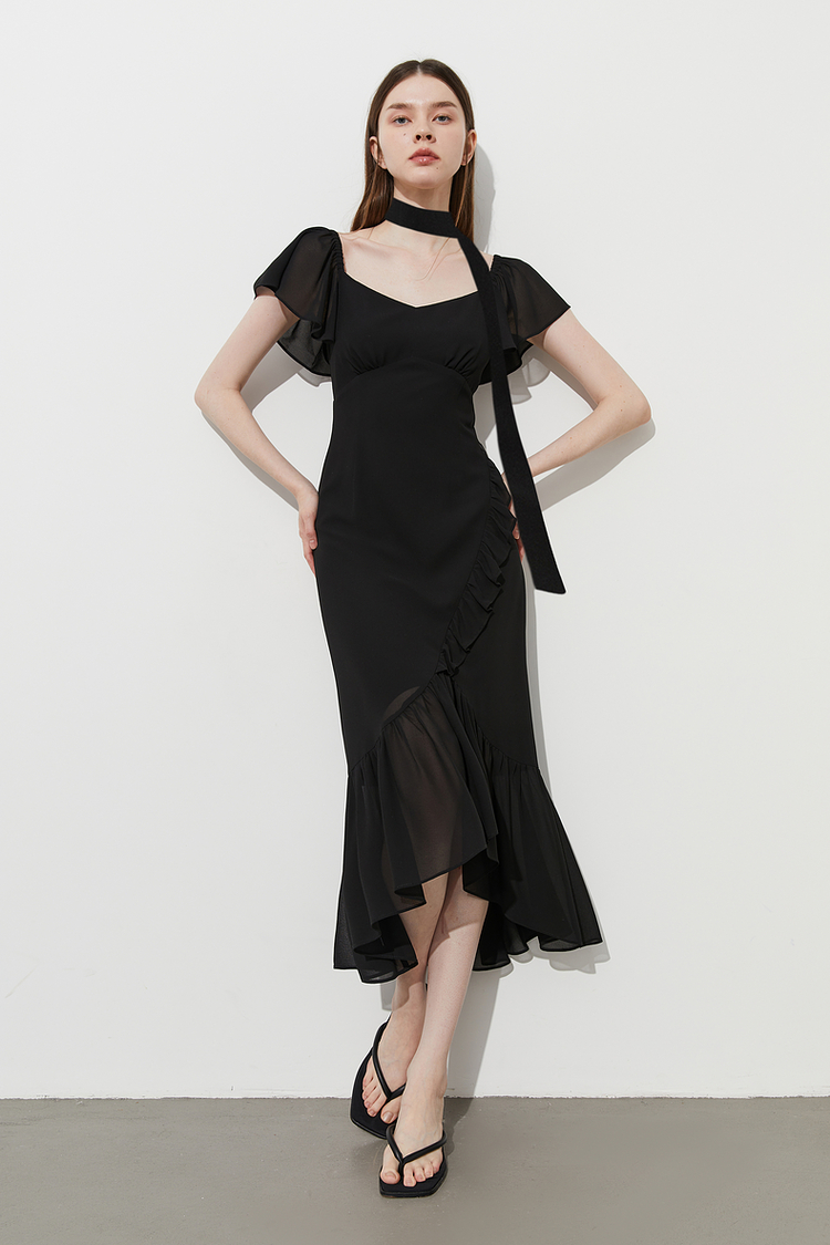 黒ワンピース 優美フリルアシンメトリーワンピース