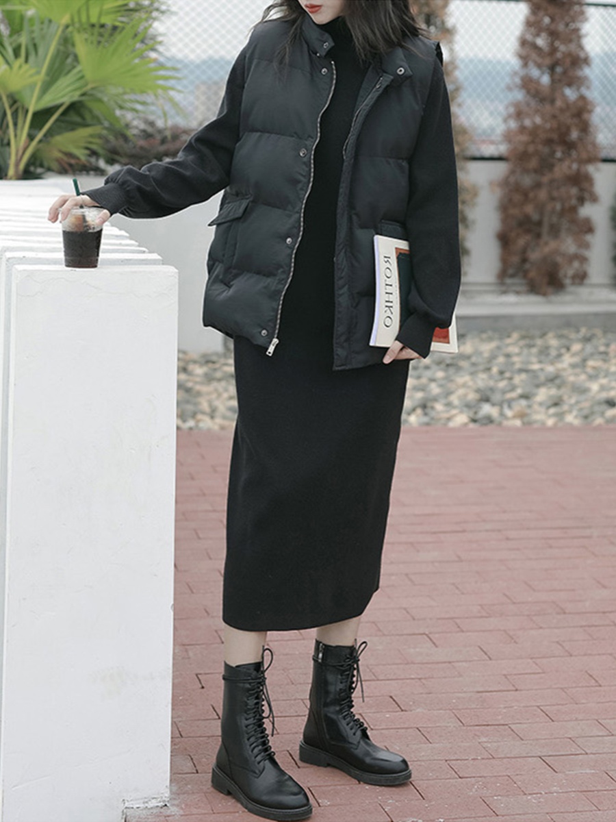 黒ワンピース ハイネック シンプルロングワンピース