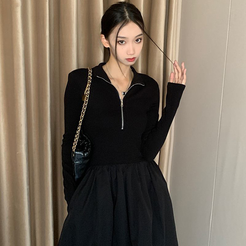 黒ワンピース ハーフジップフレアロングワンピース