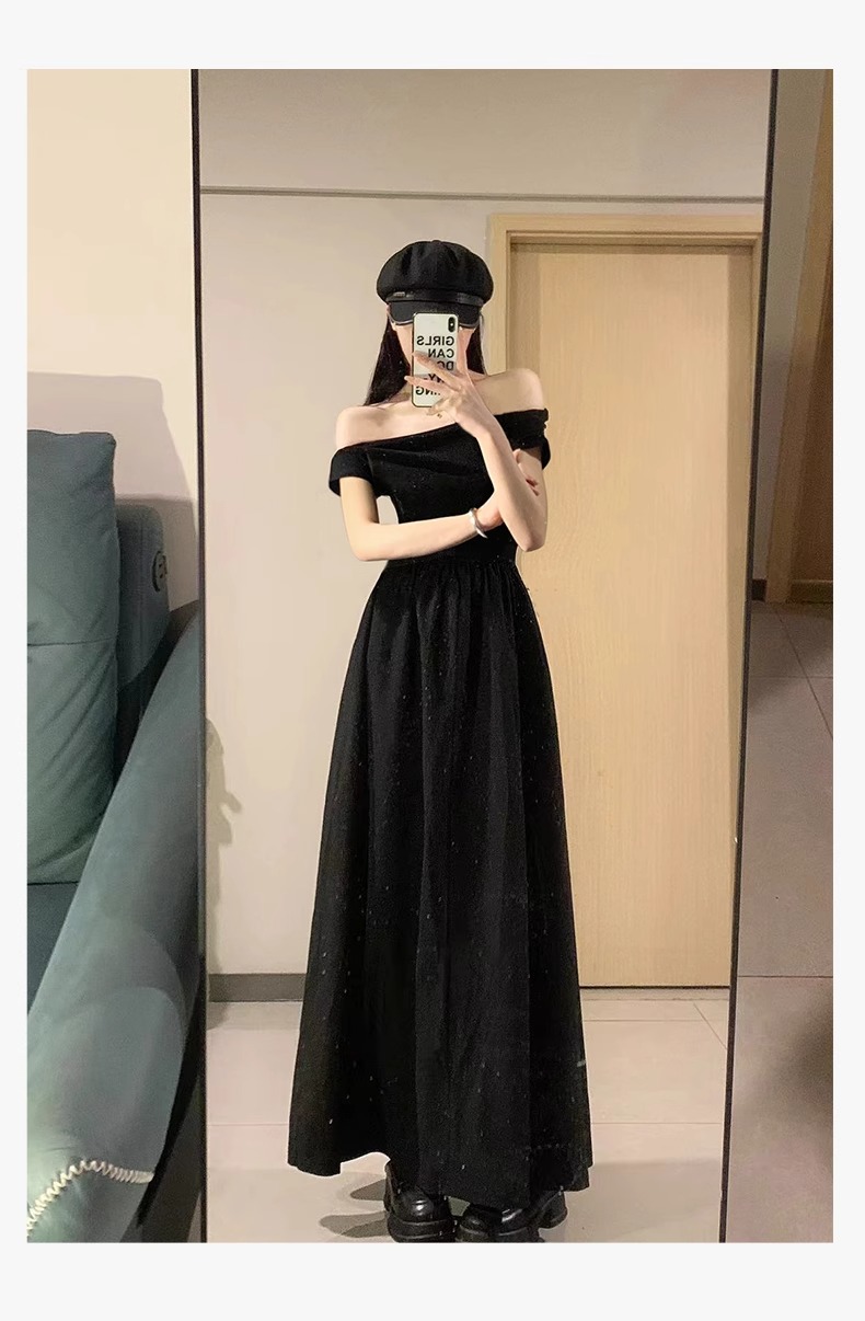 黒ワンピース 肩魅せロングドレープワンピース