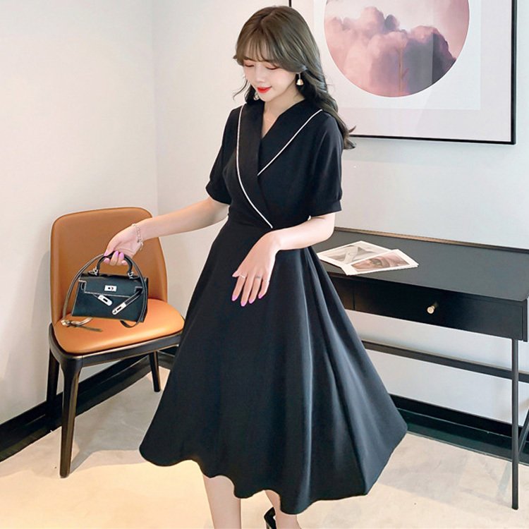 黒ワンピース 大人上品 パイピング半袖ワンピース 春夏 黒 レディース