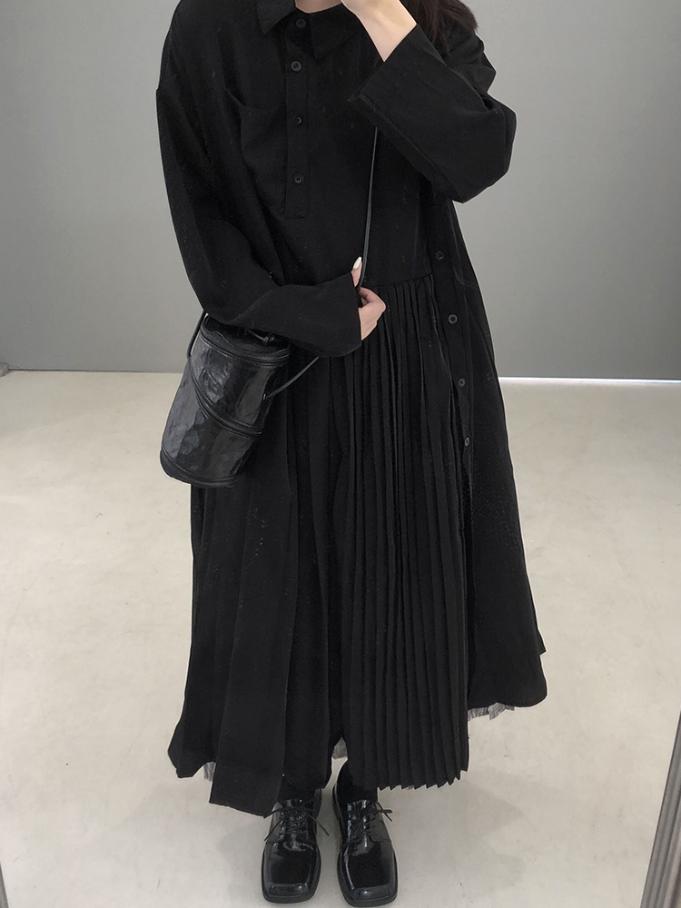 黒ワンピース プリーツ切替シャツカラーワンピース