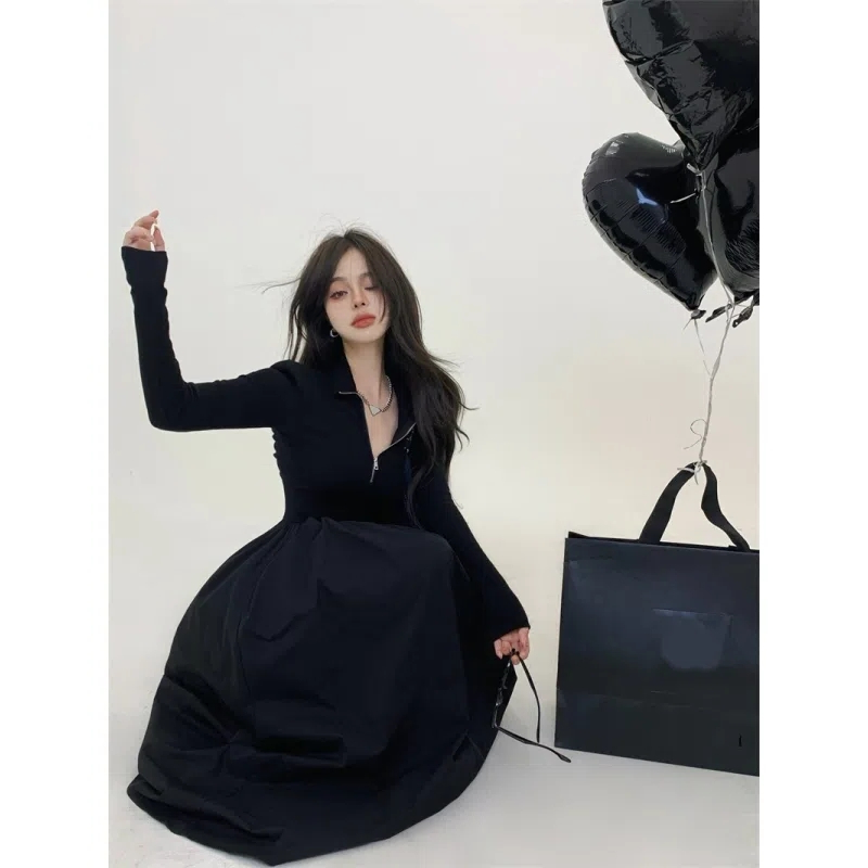 黒ワンピース ジッパー襟フレアロングワンピース