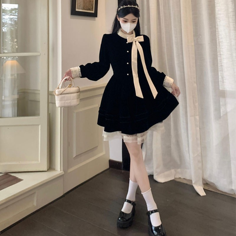 黒ワンピース ふんわりリボン付きゴシック姫ワンピース
