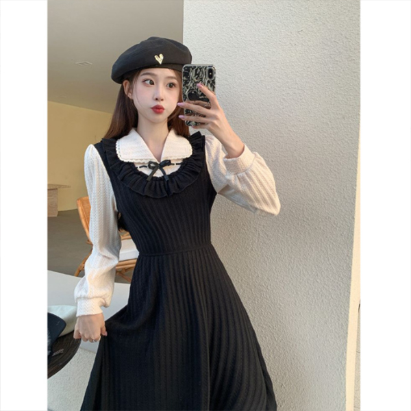 二〇二五年新作 長袖 黒ワンピース フェイク重ね着風 ロング丈 リボン付きプリーツ