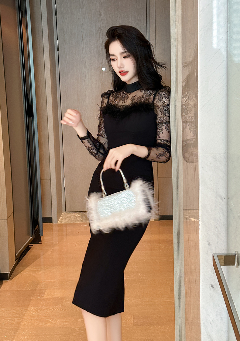 黒ワンピース レース切替え美シルエットワンピース