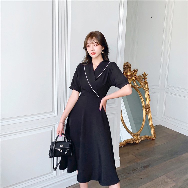 黒ワンピース 大人上品 パイピング半袖ワンピース 春夏 黒 レディース