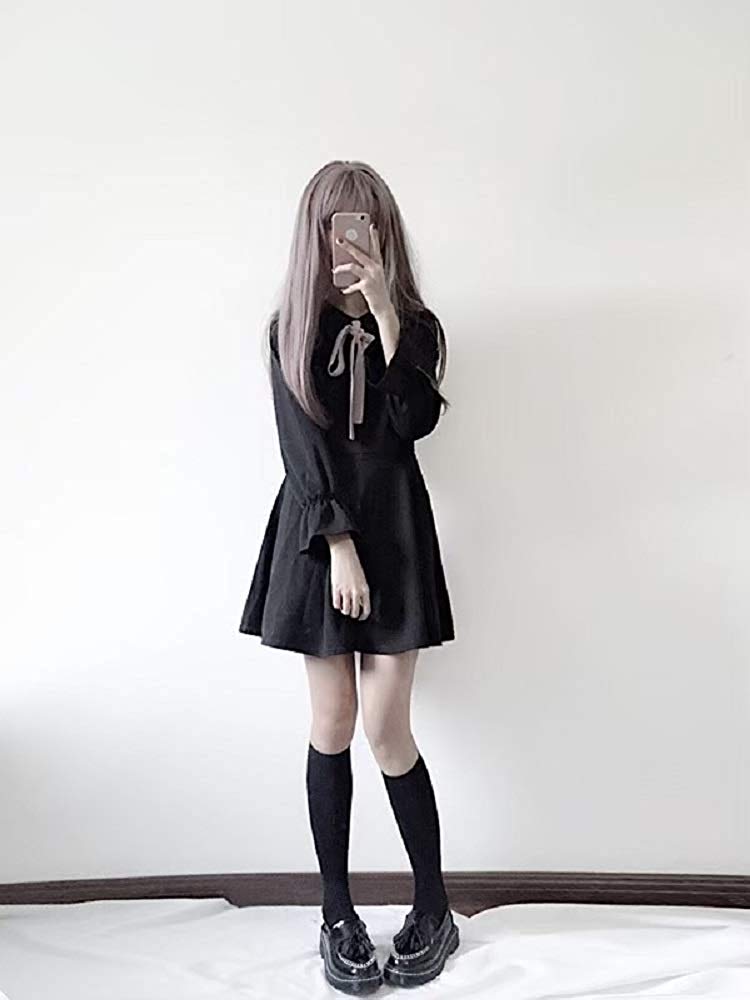 ピンクリボン付き黒ワンピース 長袖ロリータ風フレア