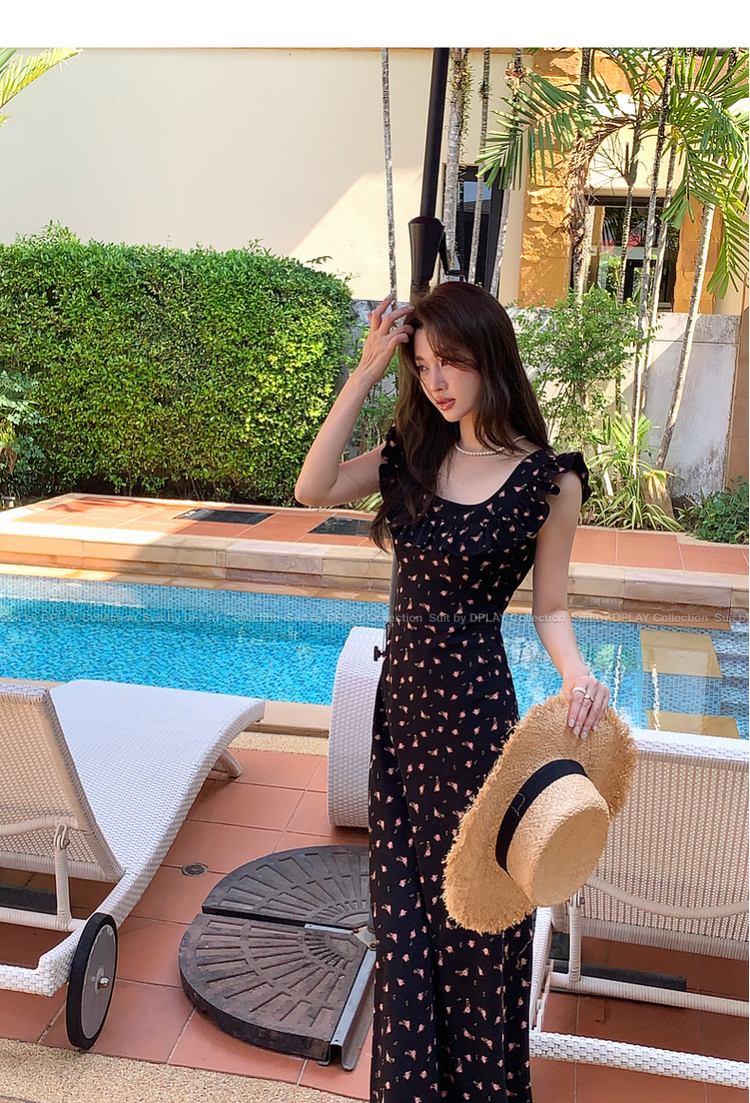 黒ワンピース 花柄フリルロングワンピース