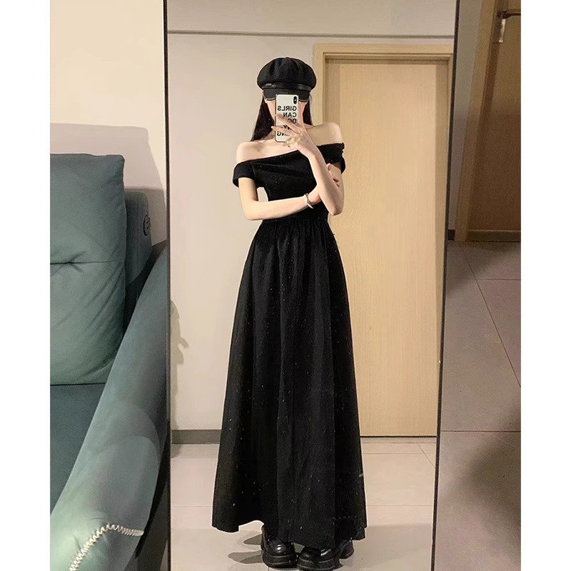 黒ワンピース 肩魅せロングドレープワンピース