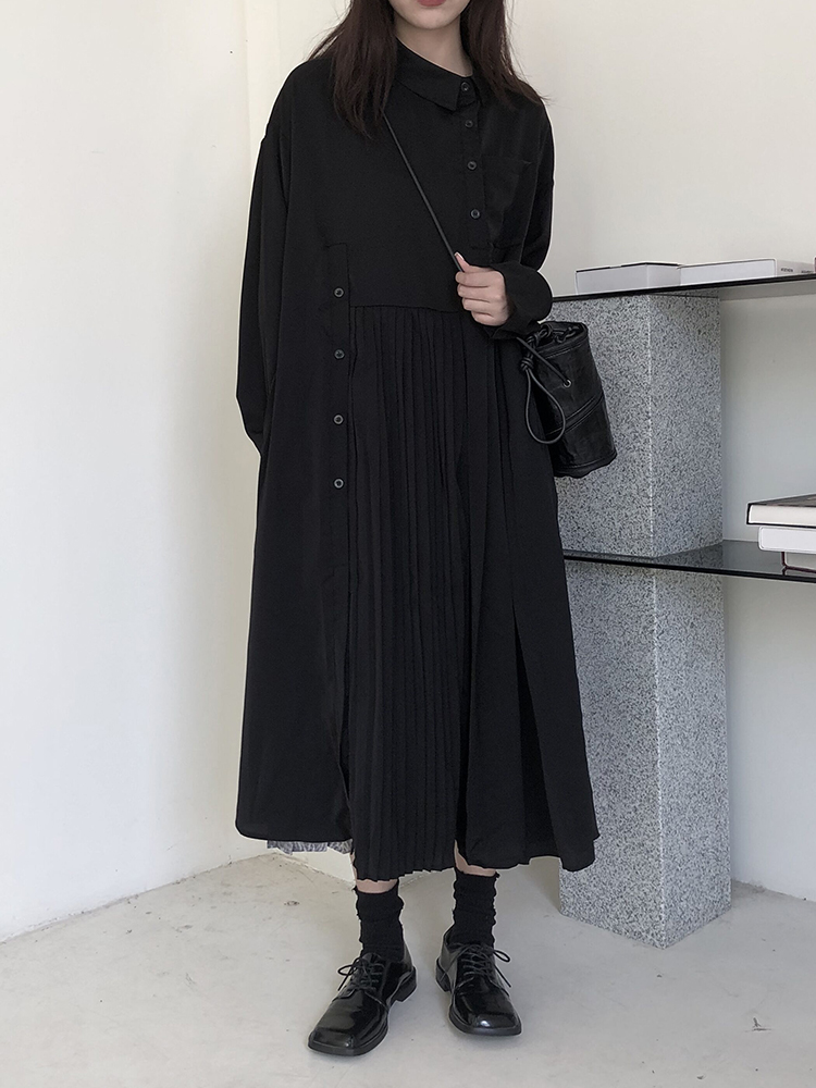 黒ワンピース プリーツ切替シャツカラーワンピース