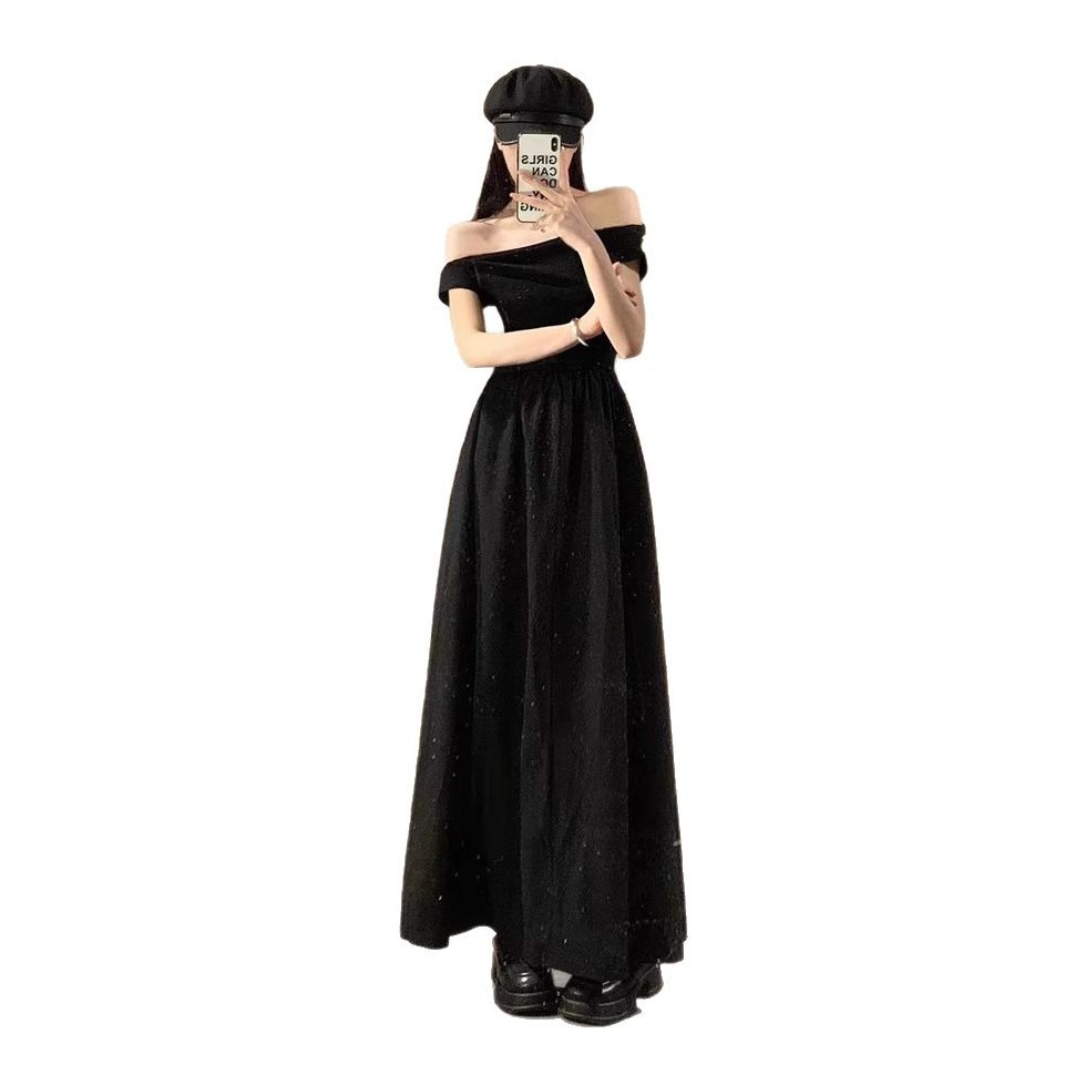 黒ワンピース 肩魅せロングドレープワンピース