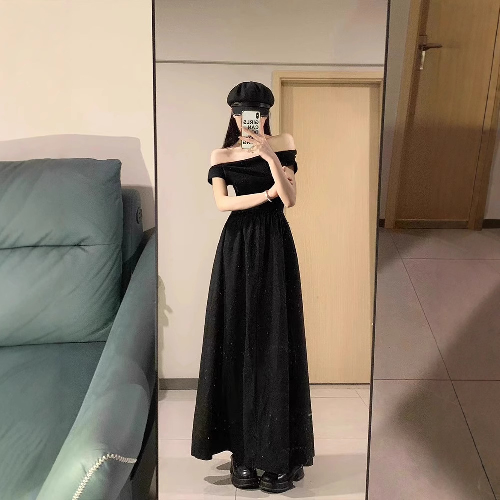 黒ワンピース 肩魅せロングドレープワンピース