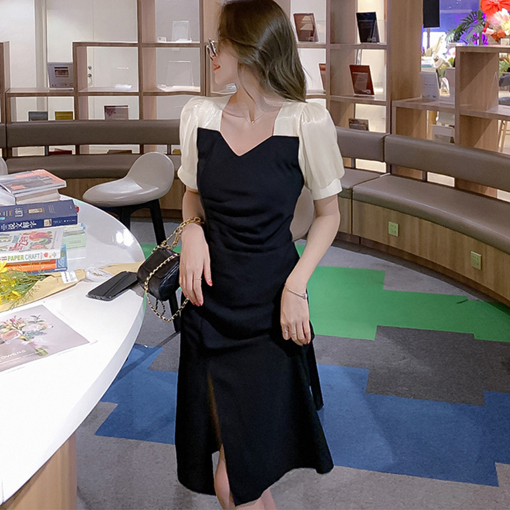 袖切り替え黒ワンピース スリット入り上品ドッキングワンピ