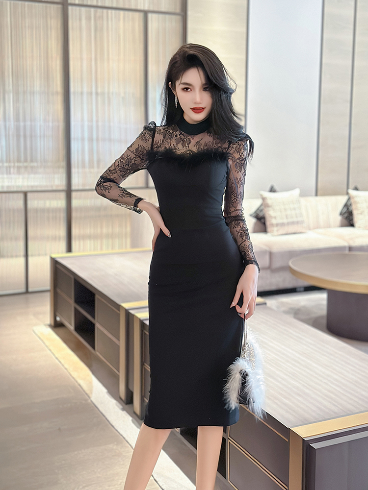 黒ワンピース レース切替え美シルエットワンピース