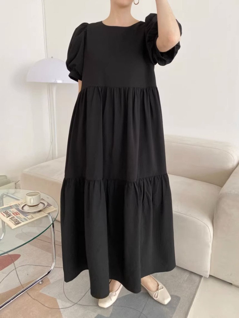 黒ワンピース 黒パフ袖ティアードワンピース ロング丈ゆったり上品