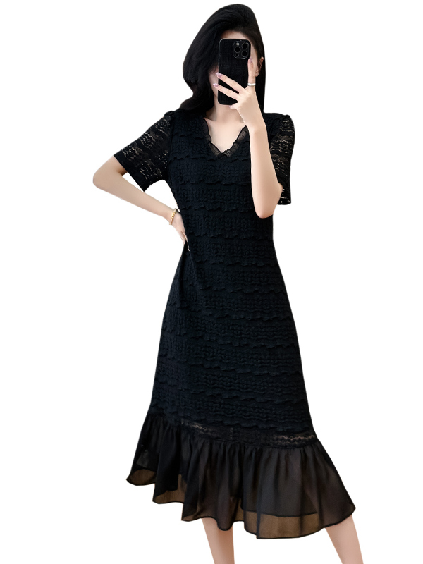 黒ワンピース 優美レース裾シフォンロングワンピース