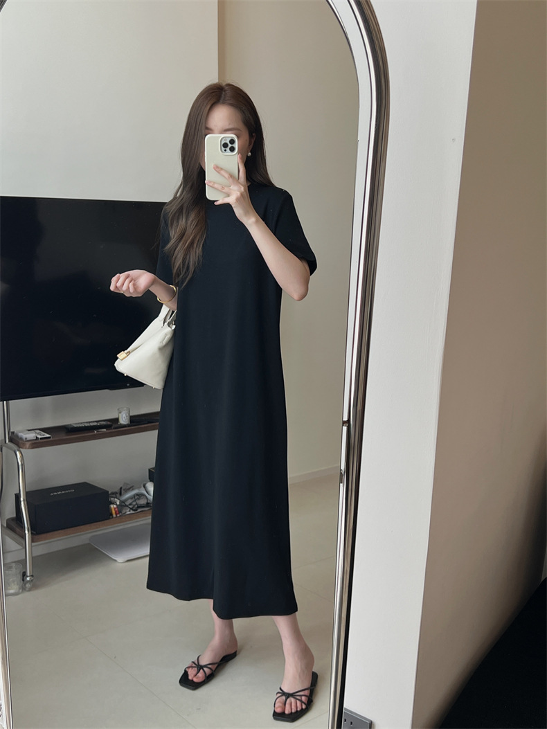 黒ワンピース シンプル半袖ロングワンピース