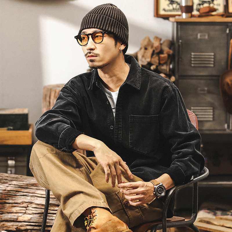 黒シャツ ベロア風スタンドシャツ