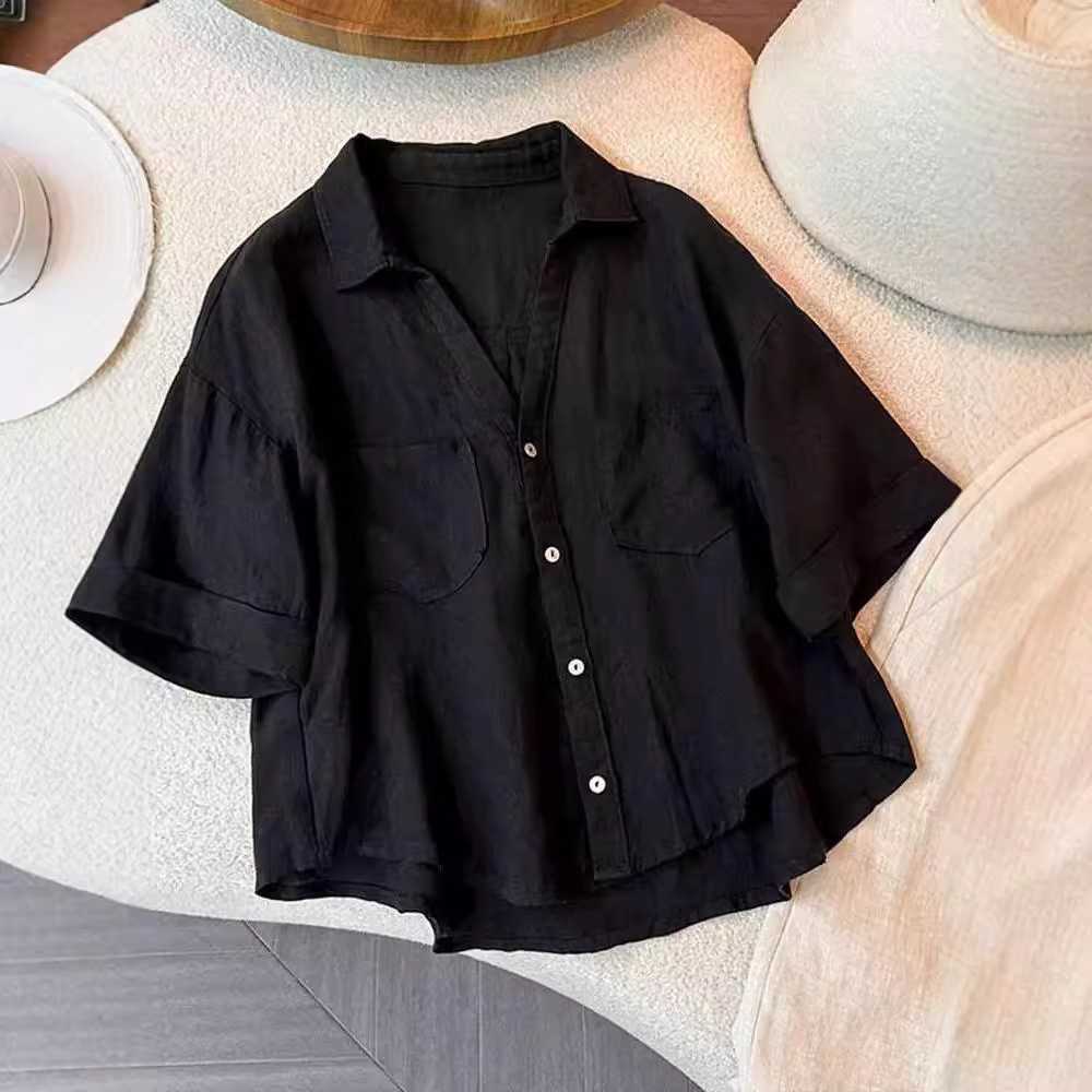 黒シャツ シンプルフロントポケット開襟シャツ