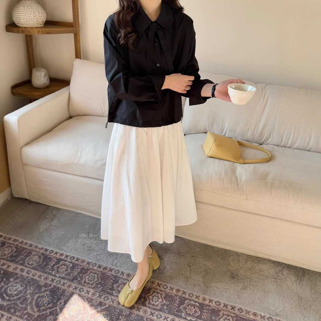 黒シャツ ふんわりリボン付きシャツブラウス