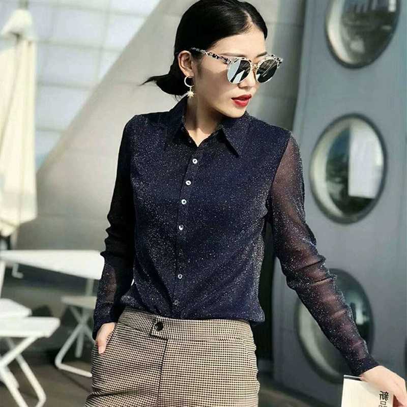 黒シャツ シアー袖キラキラシャツ