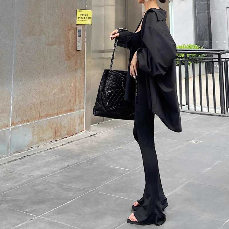 黒シャツ オーバーサイズ シルキーシャツワンピース