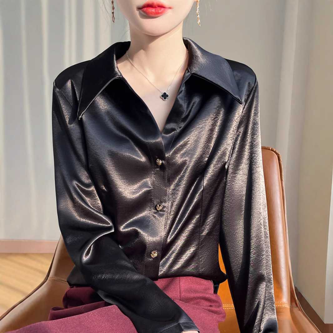 黒シャツ 艶やか光沢サテンドレスシャツ