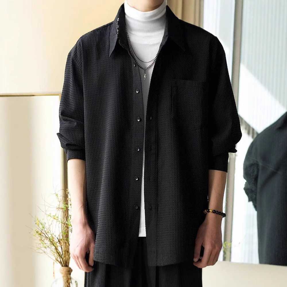 黒シャツ さらり涼やか格子織りワッフルシャツ