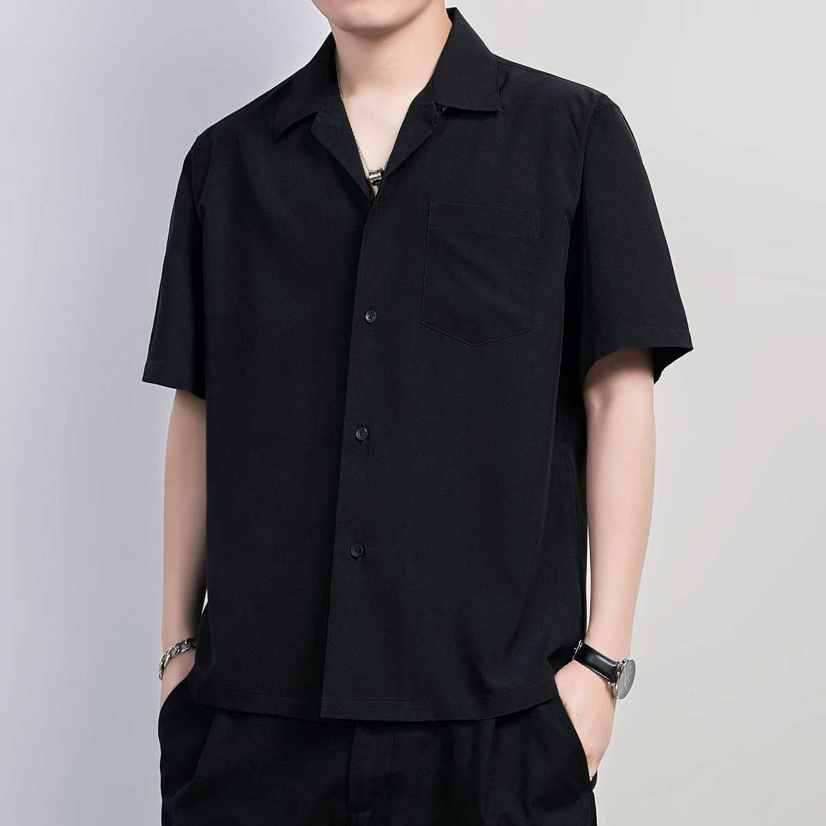 黒シャツ 涼やか開襟シンプルカジュアルシャツ