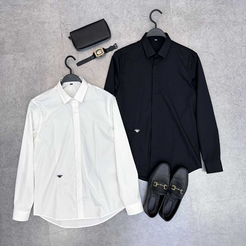 黒シャツ シンプル蜂刺繍入り上質コットンシャツ