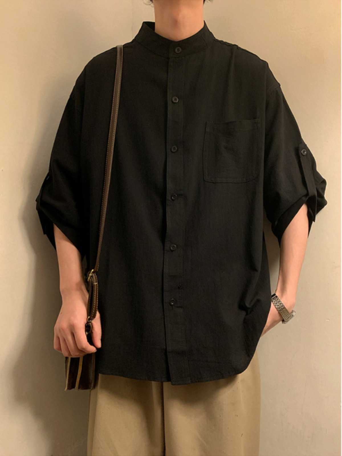 黒シャツ リラックスシルエット バンドカラーシャツ