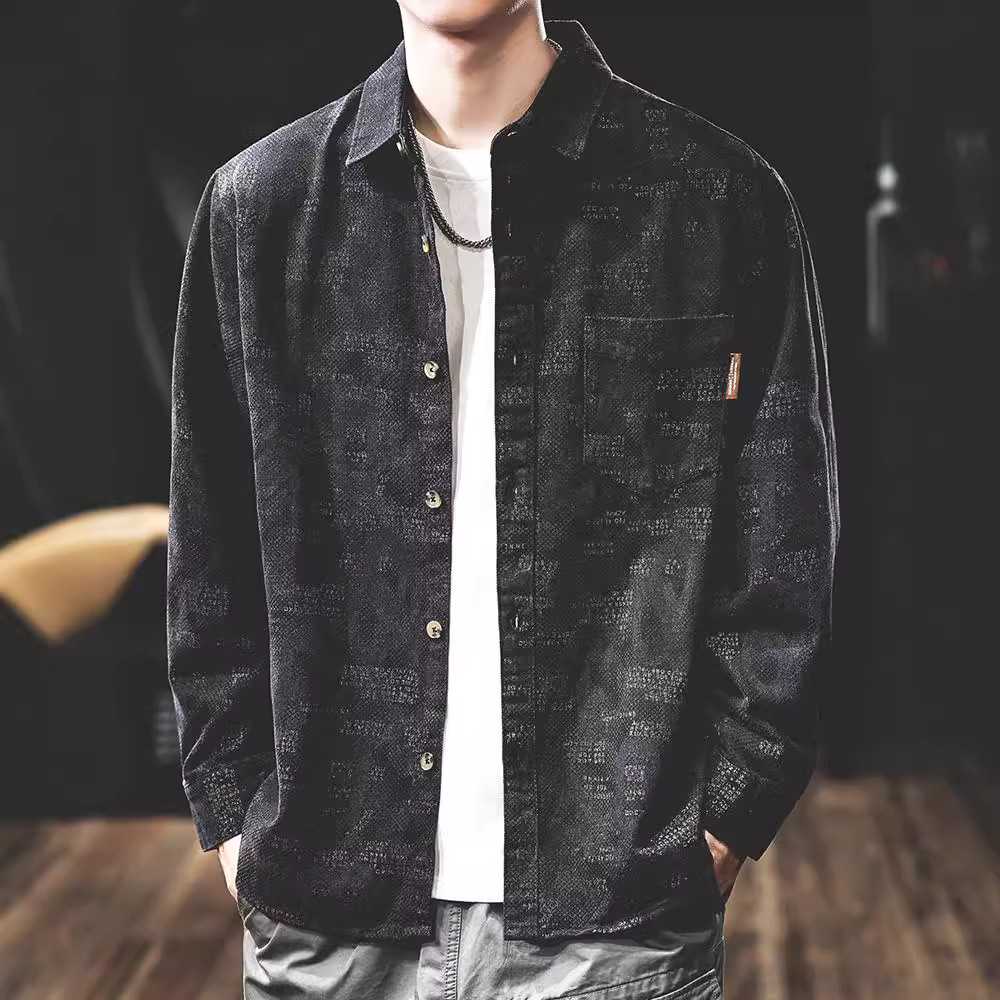 黒シャツ モダン柄織りカジュアルシャツ