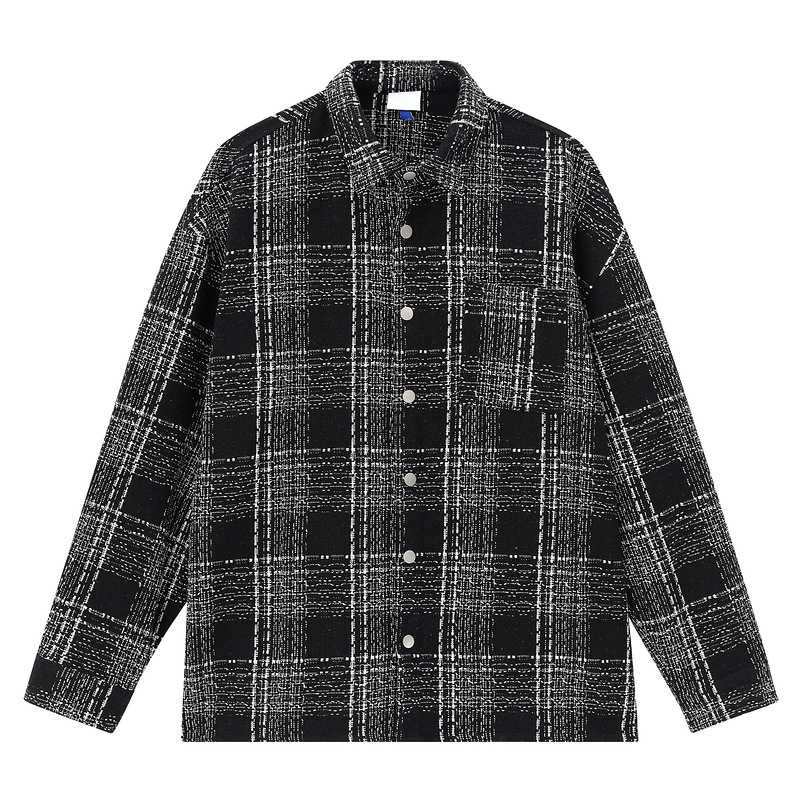 黒シャツ モダンチェックツイード長袖シャツ