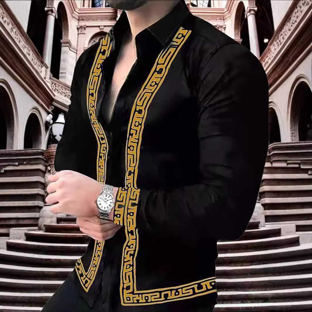 黒シャツ 高級デザイン ギリシャ柄装飾シャツ