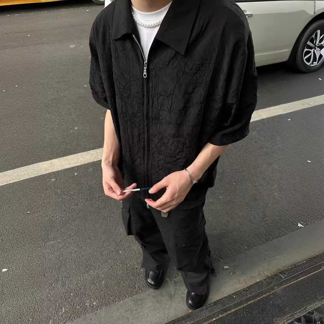 黒シャツ クラッシュ加工 ジップアップシャツ
