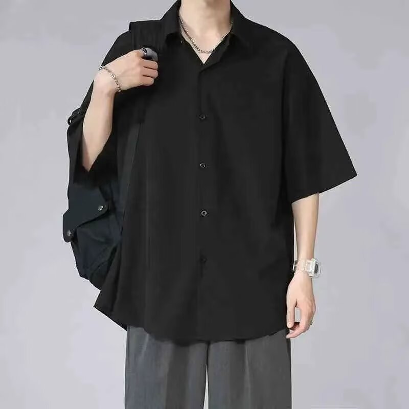 黒シャツ ゆったりシルエット 開襟シャツ