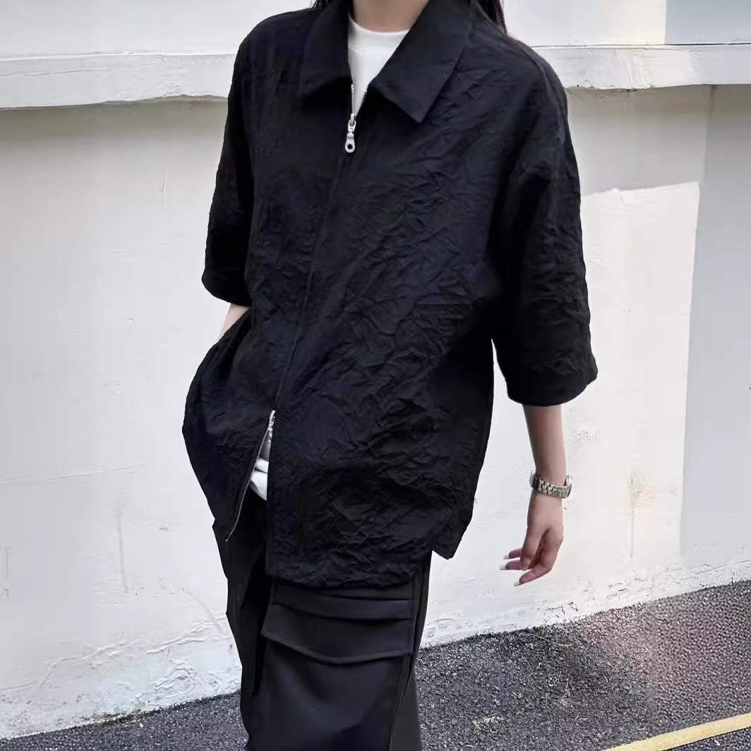 黒シャツ クラッシュ加工 ジップアップシャツ