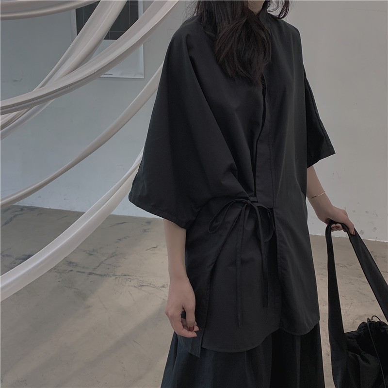 黒シャツ ウエストリボン デザインシャツ