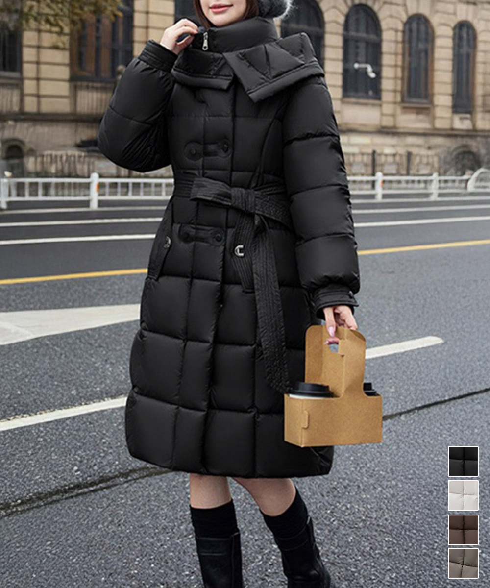 黒コーデ フード付き中綿ロング丈コート ウエストベルト