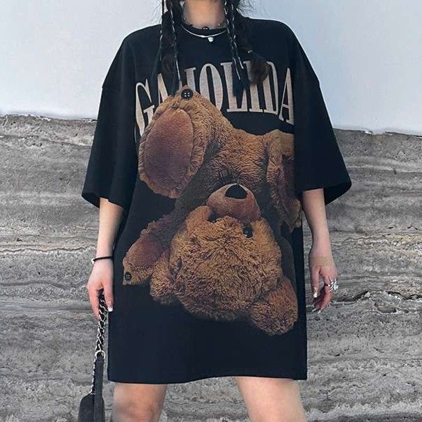黒コーデ ギガホリダ テディベアビッグTシャツワンピ