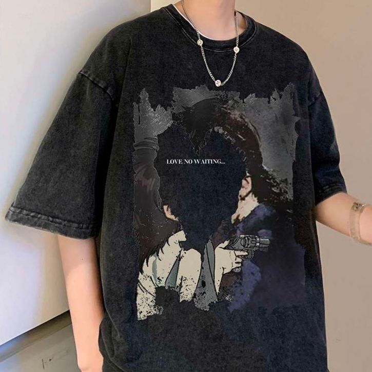 黒コーデ モノクロアートプリントオーバーサイズTシャツ