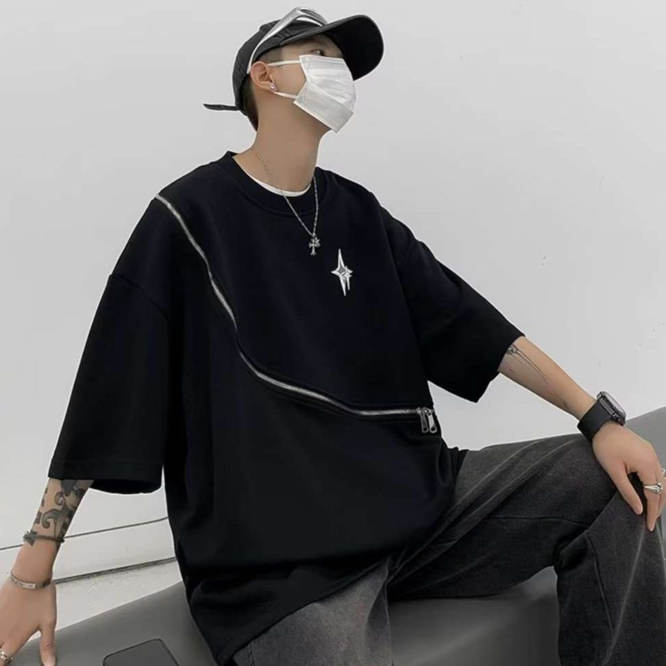 黒コーデ ジップライン ストリートゴシックTシャツ
