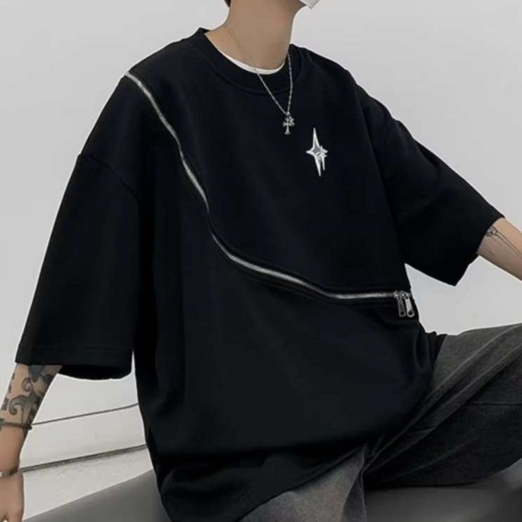 黒コーデ ジップライン ストリートゴシックTシャツ