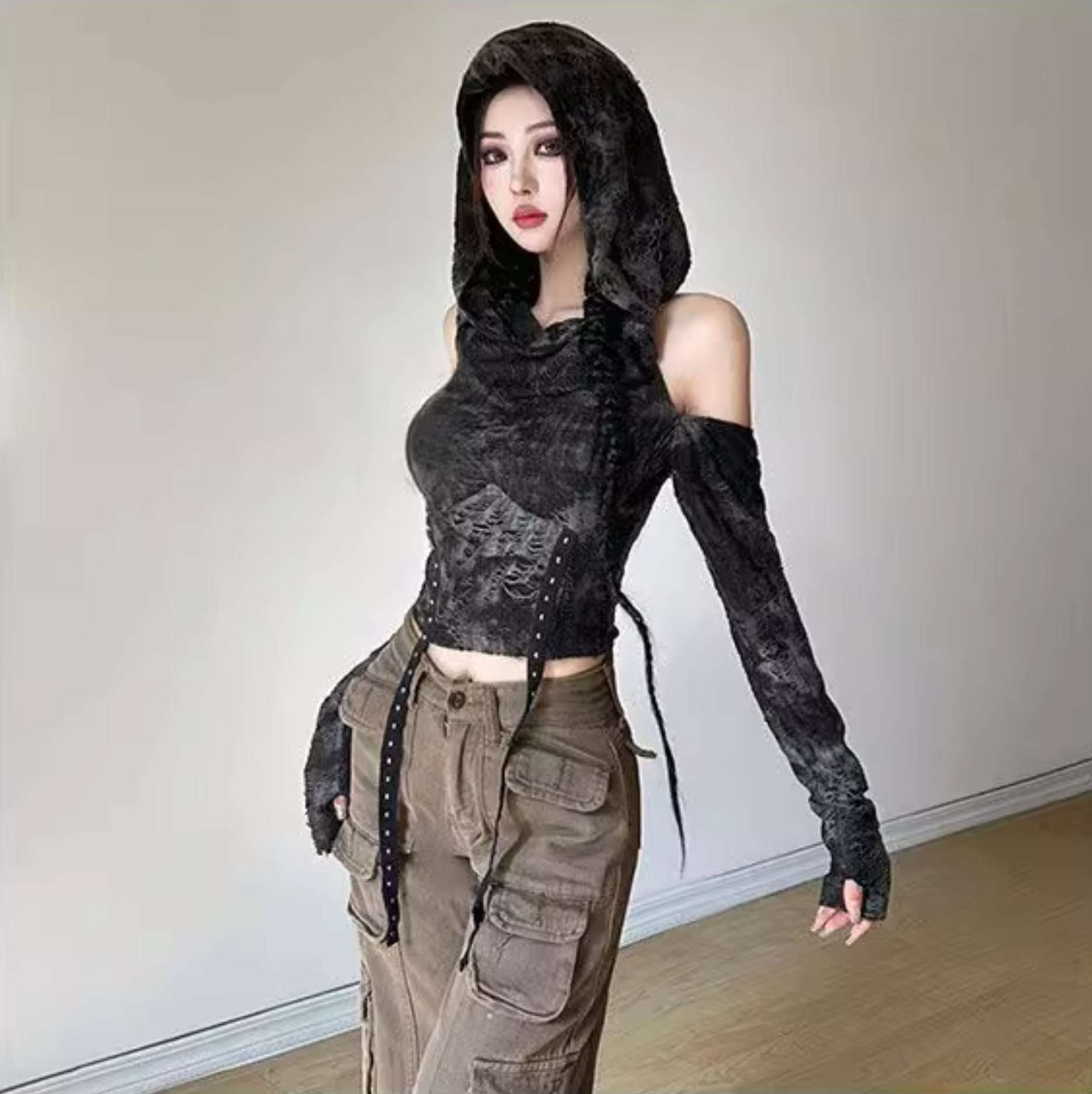 黒コーデ ゴシックフード付きオフショルダーコルセットトップス