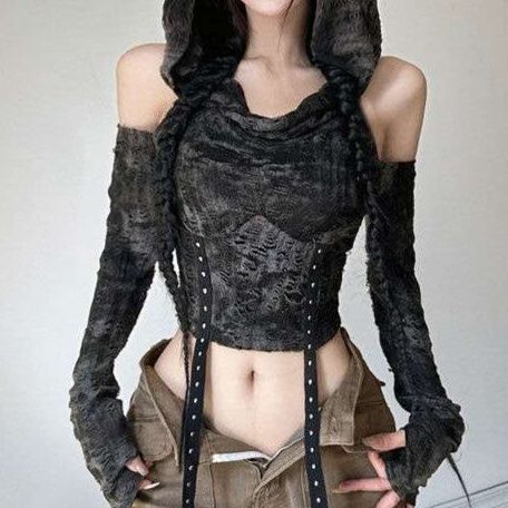 黒コーデ ゴシックフード付きオフショルダーコルセットトップス